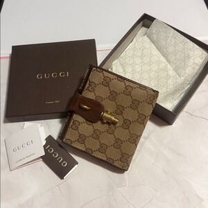 VTG Gucci Brown GG Canvas Bifold Wallet with Leather Trim box-included